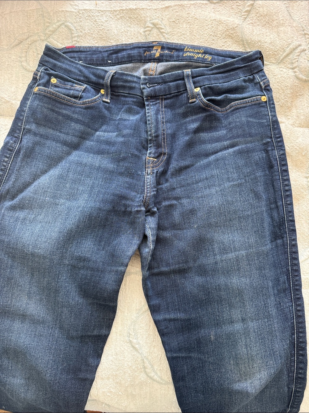 7 For All Mankind Kimmie Dark Blue Straight Leg Jeans with Gold Hardware Sz 32